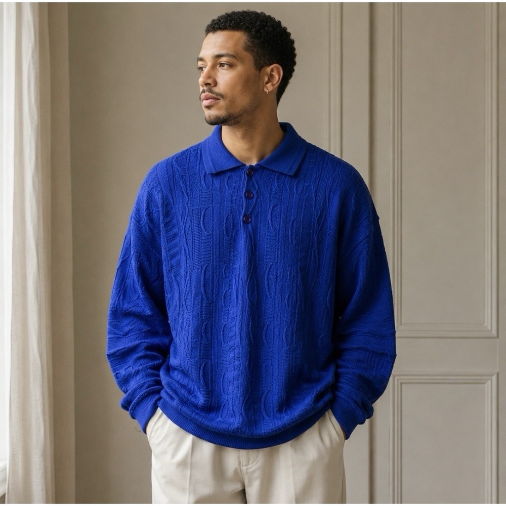 Vintage Mens Coogi Knit Sweater Polo Shirt AOP Blue Australia 3D Polo 2XL